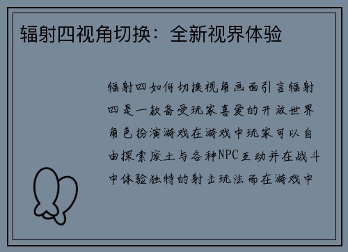 辐射四视角切换：全新视界体验